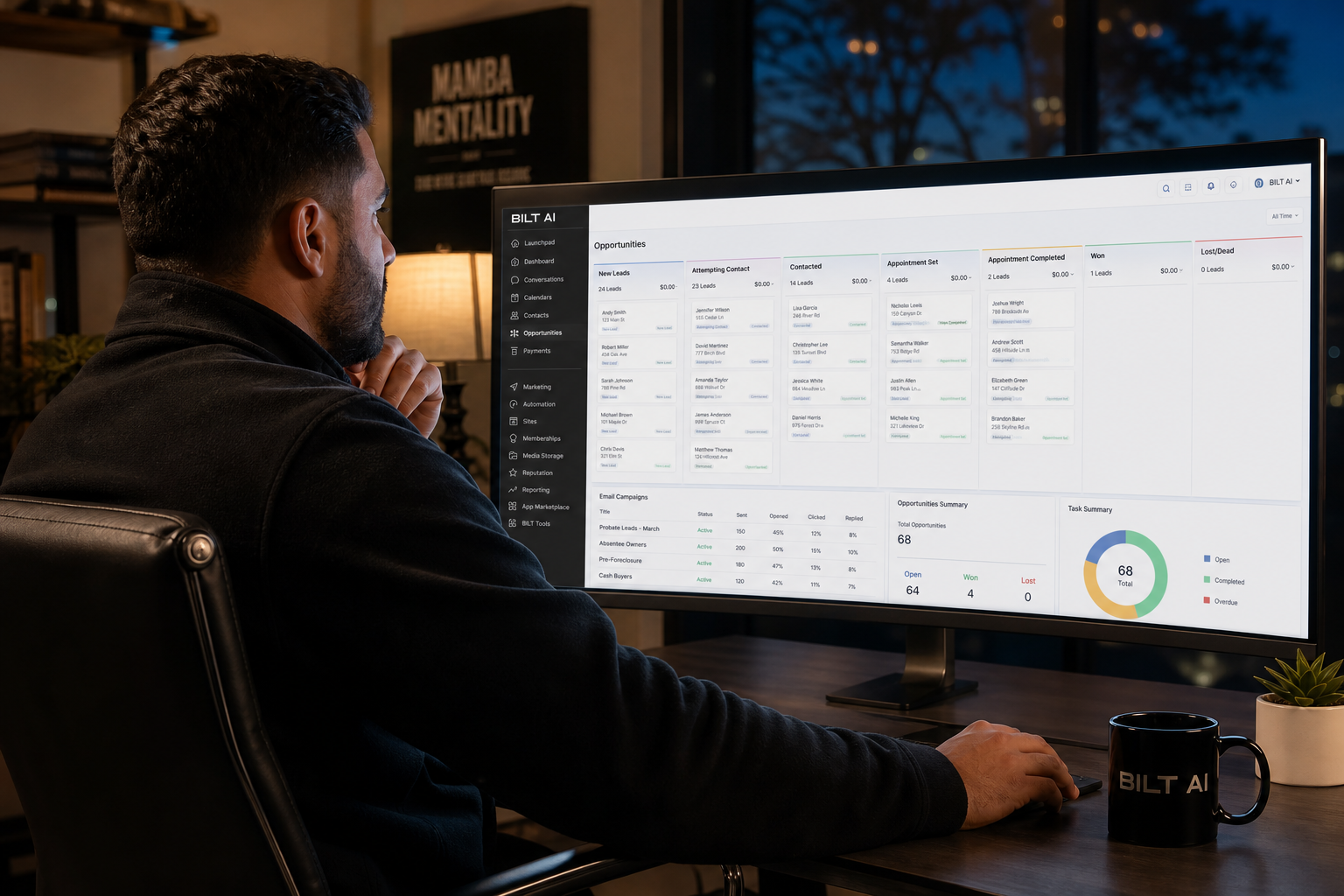 photorealistic scene of a real estate investor reviewing CRM dashboard on a large monitor, showing lead pipelines and email campaigns, clean modern office, evening lighting