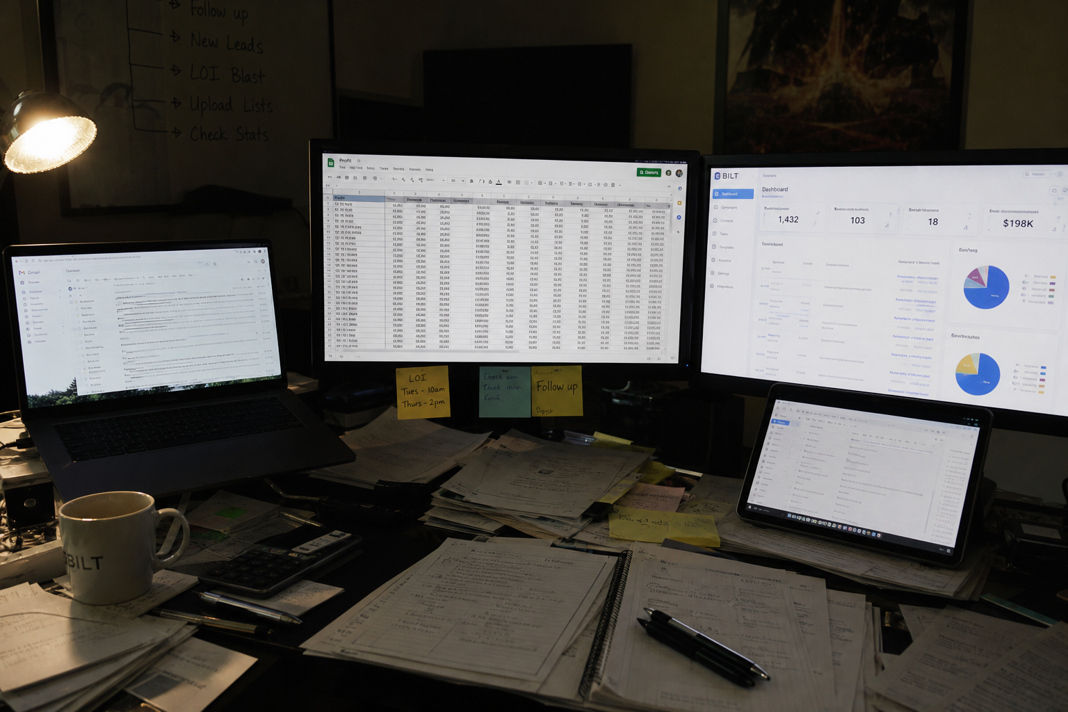 photorealistic image of a cluttered desk with multiple screens showing spreadsheets, CRM dashboards, and email inboxes, papers scattered, contrasted lighting emphasizing overwhelm