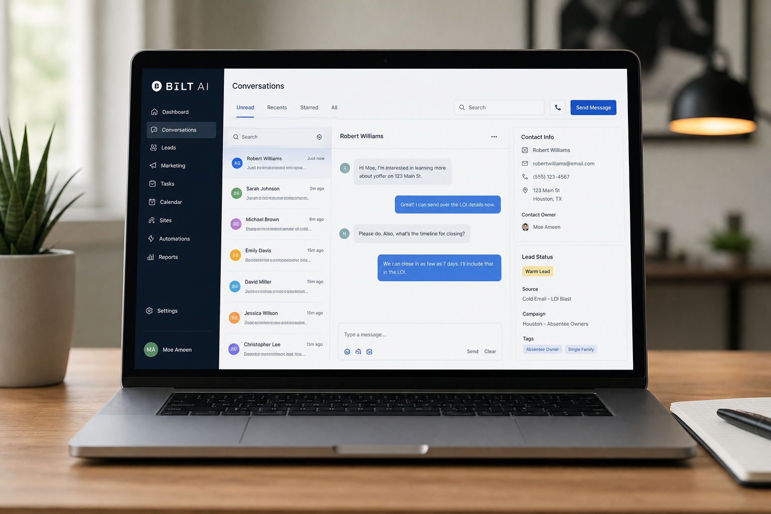 photorealistic image of a clean laptop screen showing a unified CRM dashboard with email threads and lead statuses, minimalist workspace, calm organized atmosphere