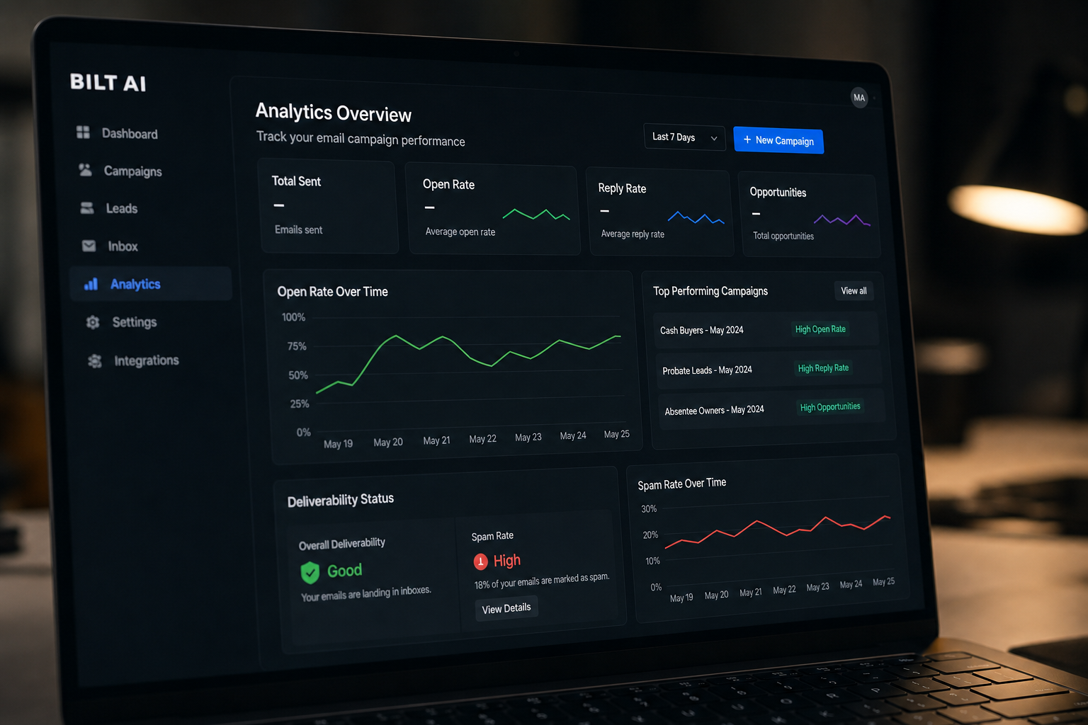 close-up of laptop screen showing email analytics dashboard with open rates and spam warnings, dim office lighting, focused atmosphere