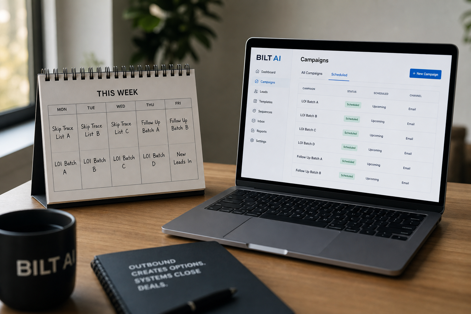 calendar next to laptop with scheduled email batches, organized workflow, clean desk setup, natural daylight