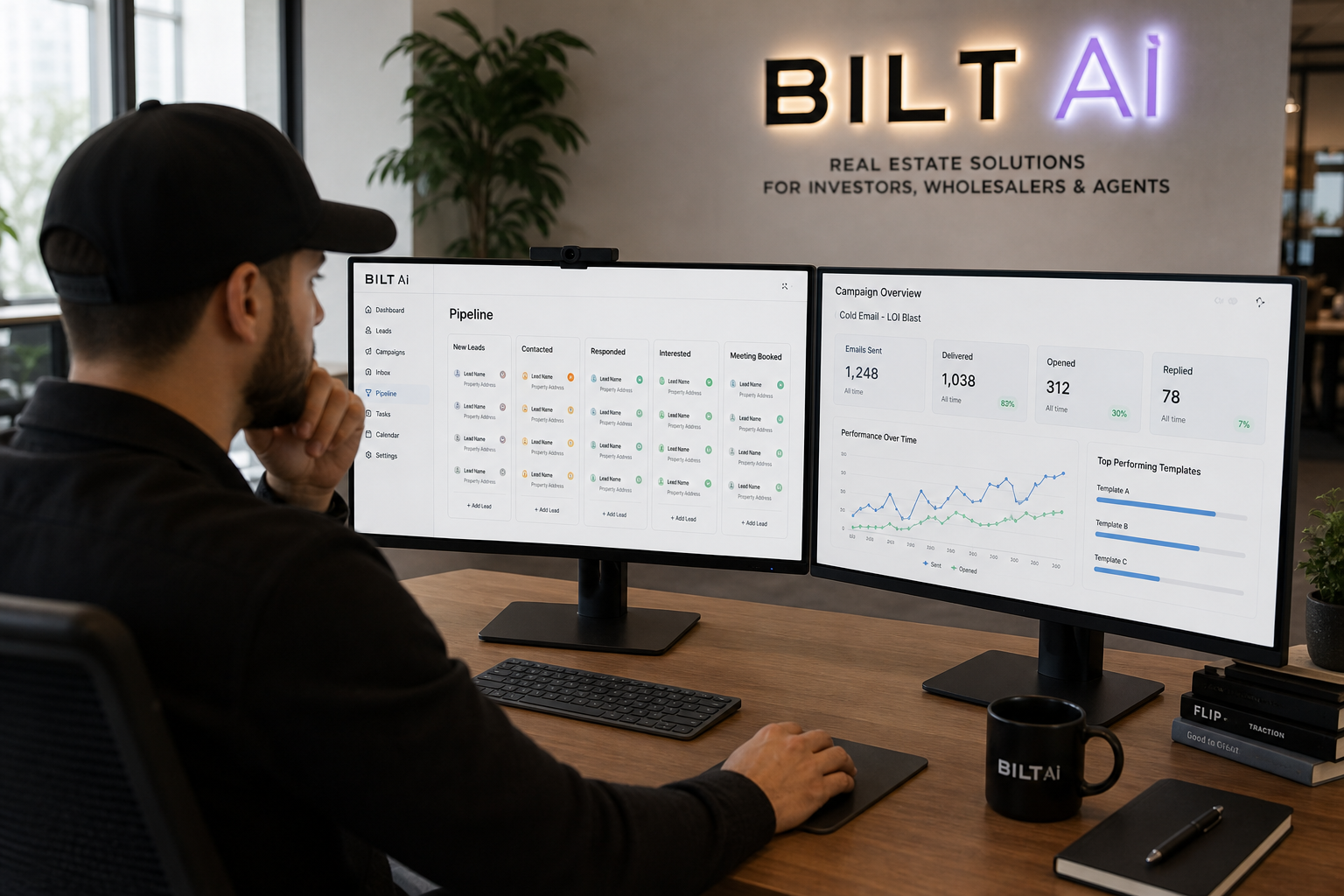 real estate professional reviewing CRM dashboard with lead pipeline and email sending metrics, modern office, dual monitors