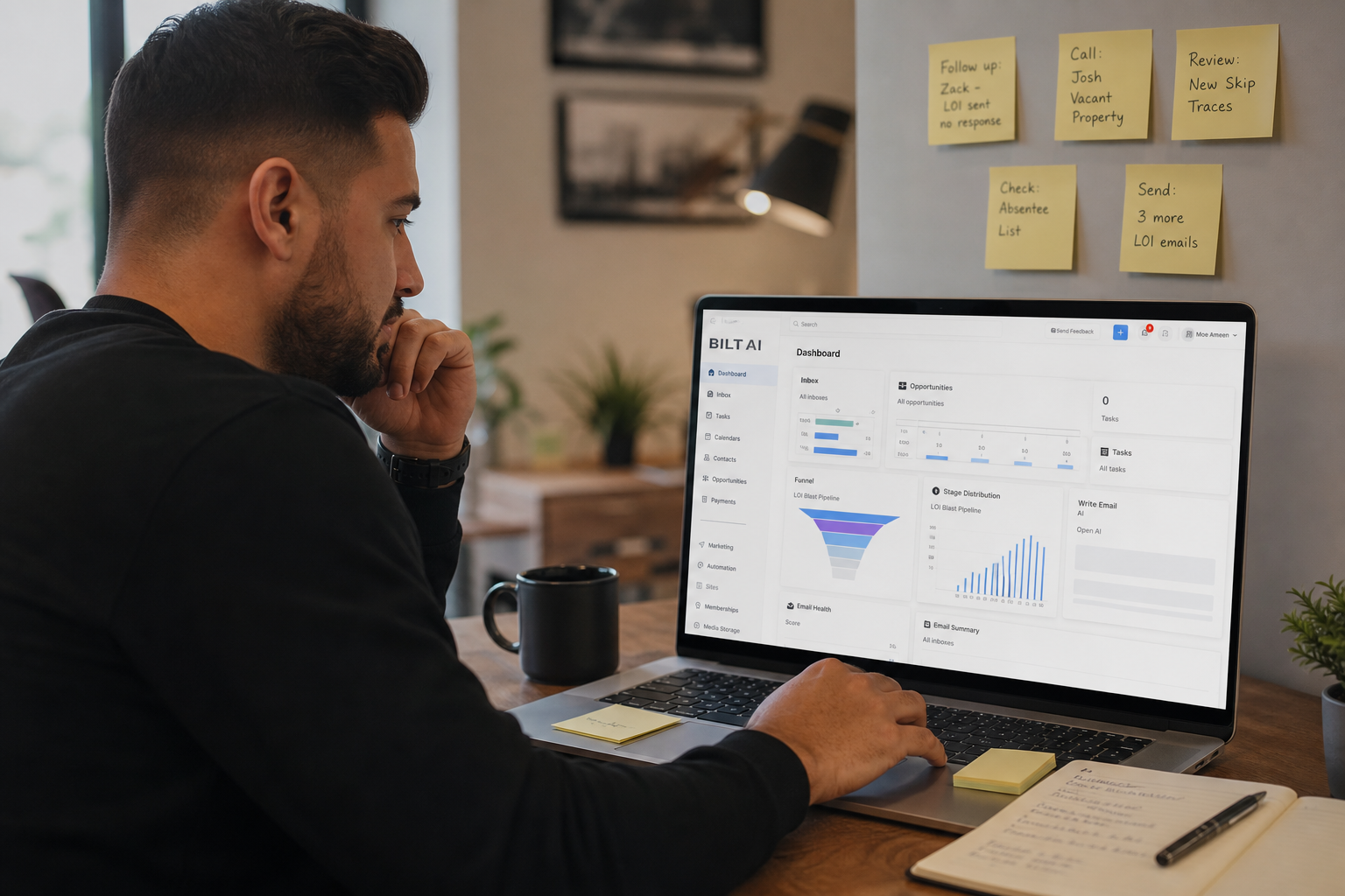 photorealistic scene of a real estate team lead reviewing CRM dashboards on a laptop, sticky notes with follow-up tasks, soft indoor lighting, focused expression, modern office setting
