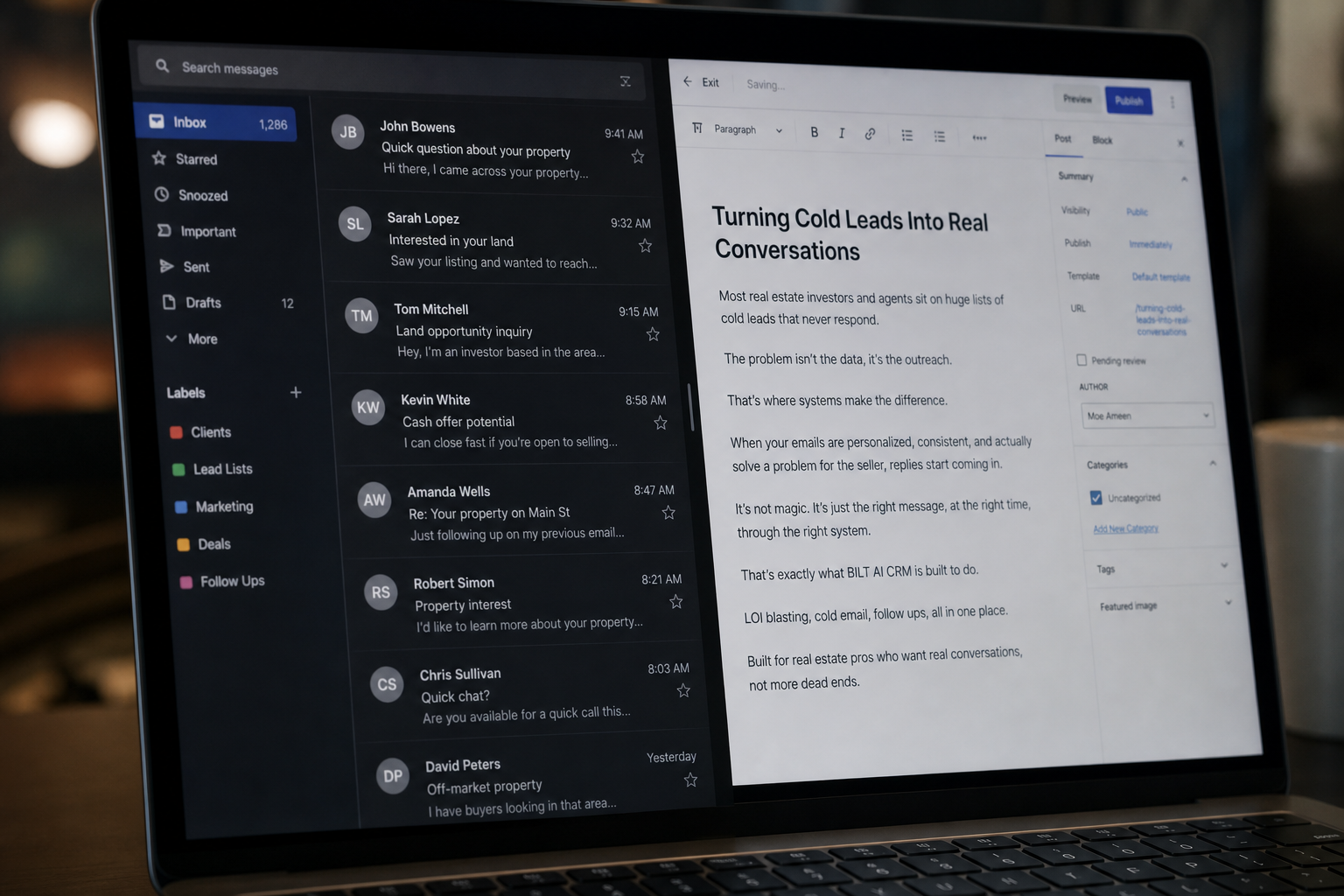 close-up of a laptop screen showing an email inbox alongside a draft blog post editor, dim office lighting, realistic reflections, no logos or text overlays