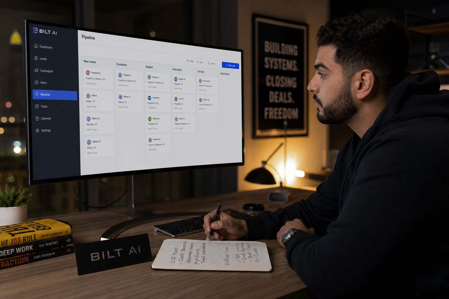 real estate investor reviewing CRM pipeline stages on a large monitor, notes on desk, evening lighting, focused workspace