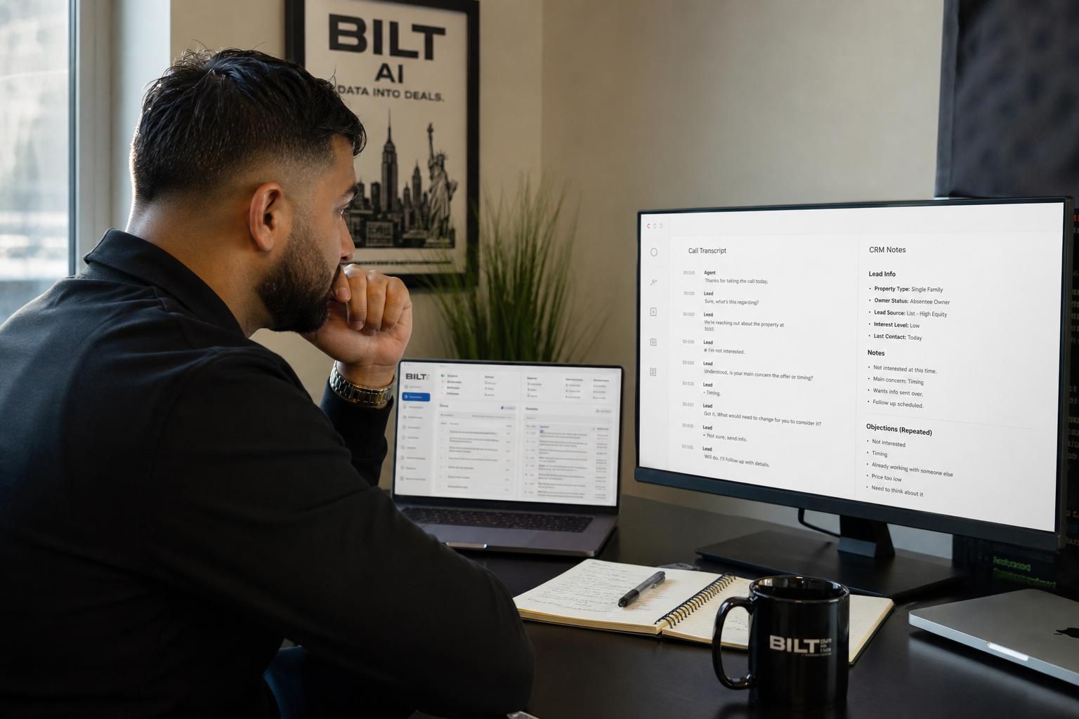 photorealistic scene of a manager reviewing call transcripts and CRM notes side by side, highlighting repeated objections, desk setup with coffee and notebook, natural light