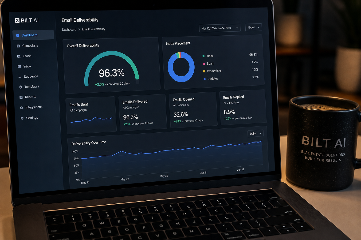 close-up of laptop showing email deliverability dashboard with graphs, coffee cup beside keyboard, dim office lighting, realistic screen glow