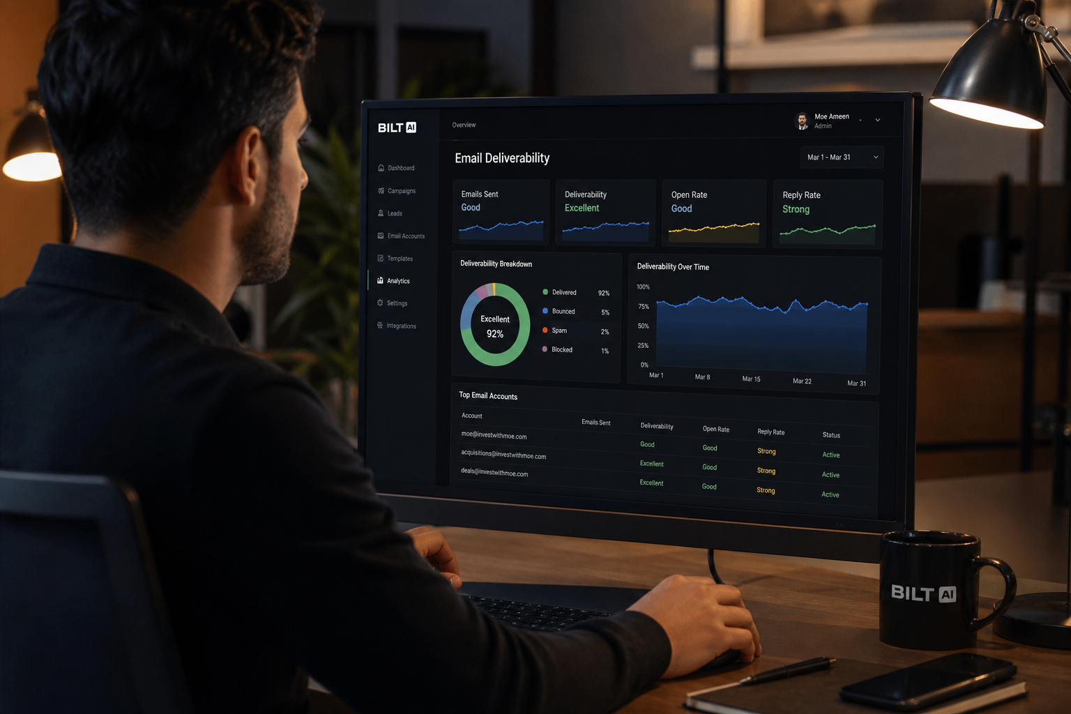 real estate professional analyzing email deliverability metrics on a desktop dashboard, dark mode interface, ambient office lighting, realistic workspace