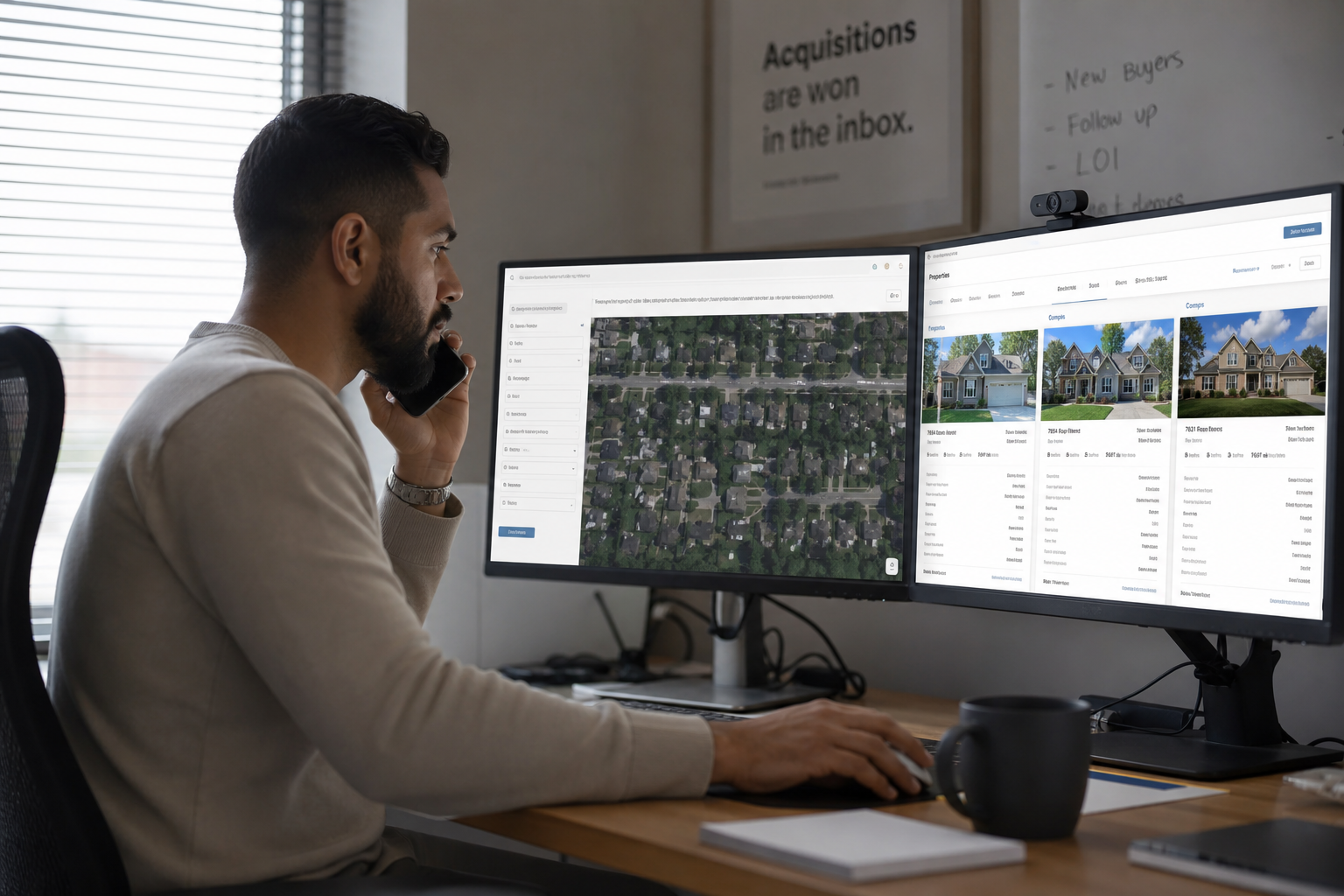 photorealistic scene of a real estate acquisitions agent on a call while reviewing property comps on dual monitors, focused expression, modern workspace