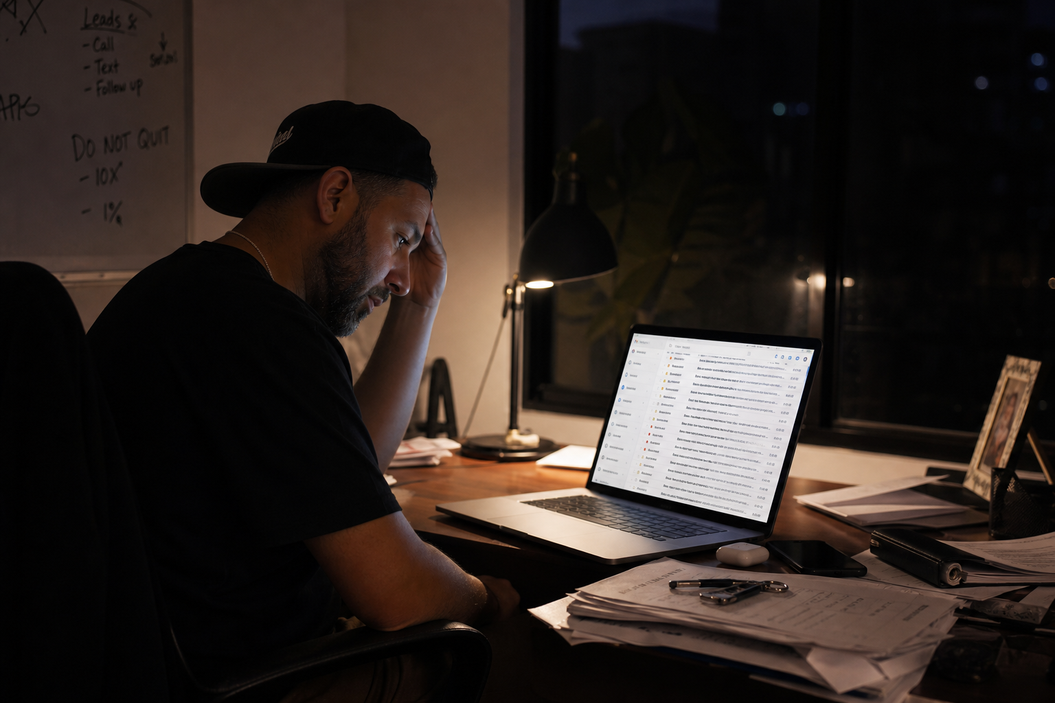 photorealistic scene of a tired real estate investor reviewing emails on a laptop at night, multiple unanswered threads visible, soft desk lamp lighting, papers scattered, candid mood