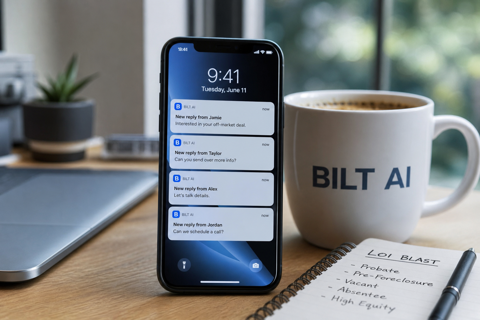 photorealistic scene of multiple message notifications appearing on a smartphone on a desk, natural daylight, coffee cup nearby, sense of momentum