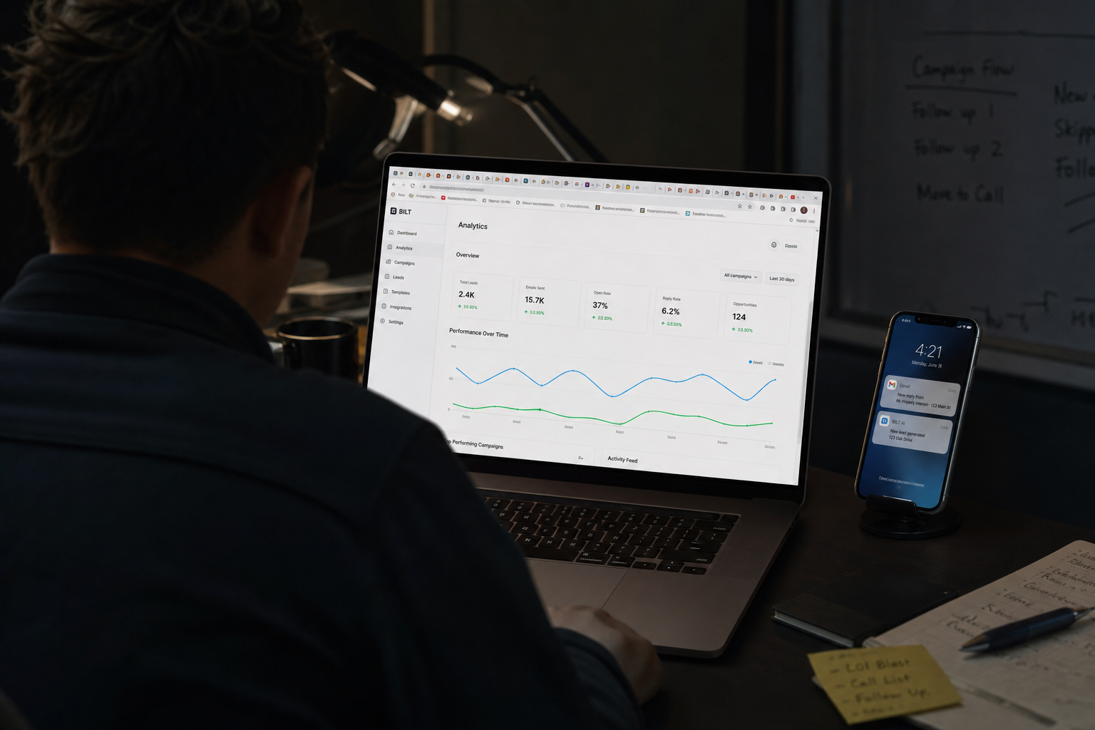 photorealistic scene of a real estate professional checking email analytics on a laptop in a dim office, multiple tabs open, phone buzzing nearby, moody lighting