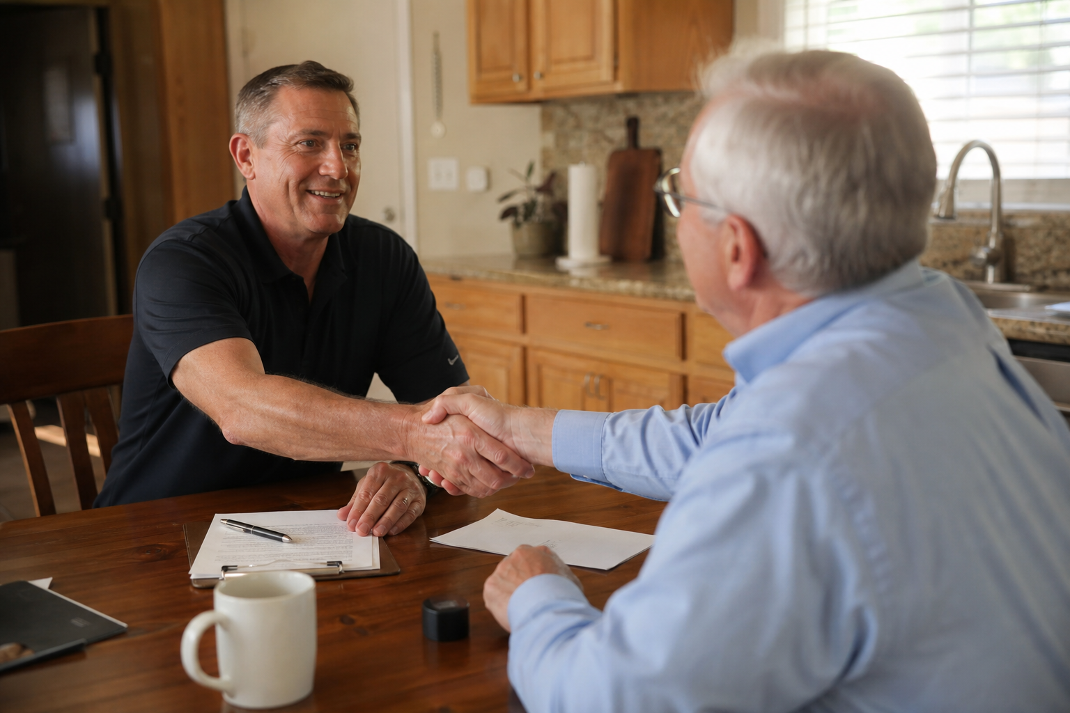 photorealistic image of an older real estate investor shaking hands with a homeowner at a kitchen table, paperwork between them, warm natural lighting, candid documentary style