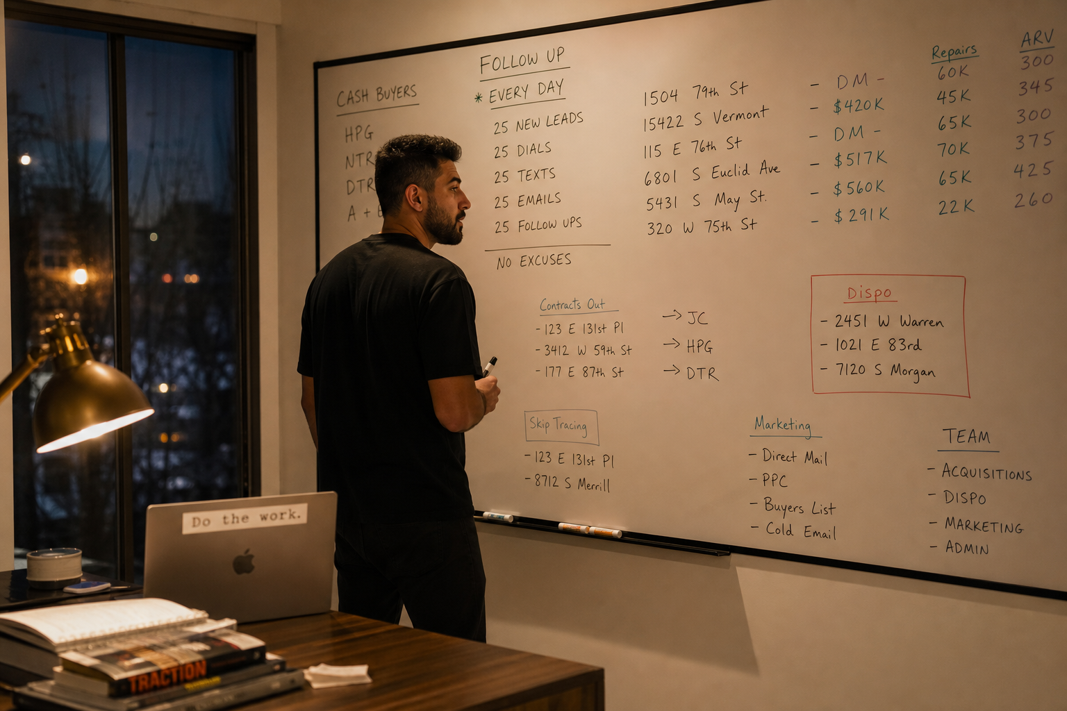 photorealistic scene of a real estate investor pacing in a small office, whiteboard filled with follow-up notes and property addresses, evening light, intense focused mood