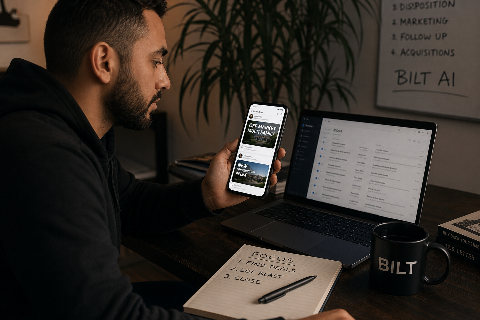 real estate investor scrolling on phone comparing social media deal posts while sitting at a desk with unopened emails on laptop, soft indoor lighting