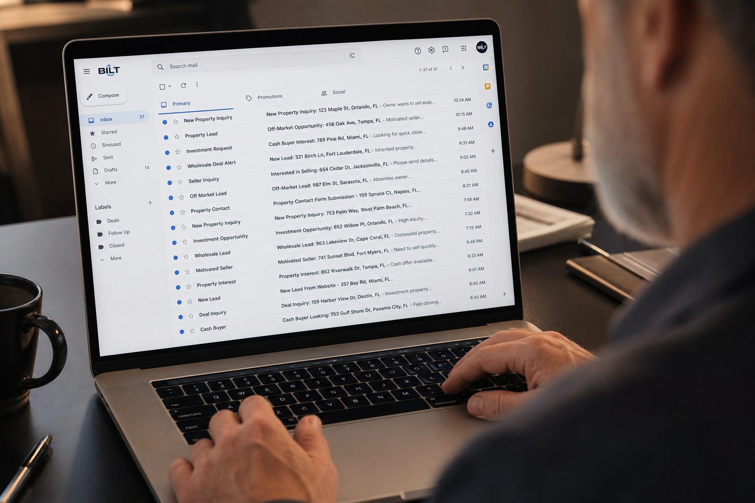 photorealistic image of a laptop screen showing an email inbox with multiple unread property inquiries, older professional typing, soft indoor lighting, realistic workspace