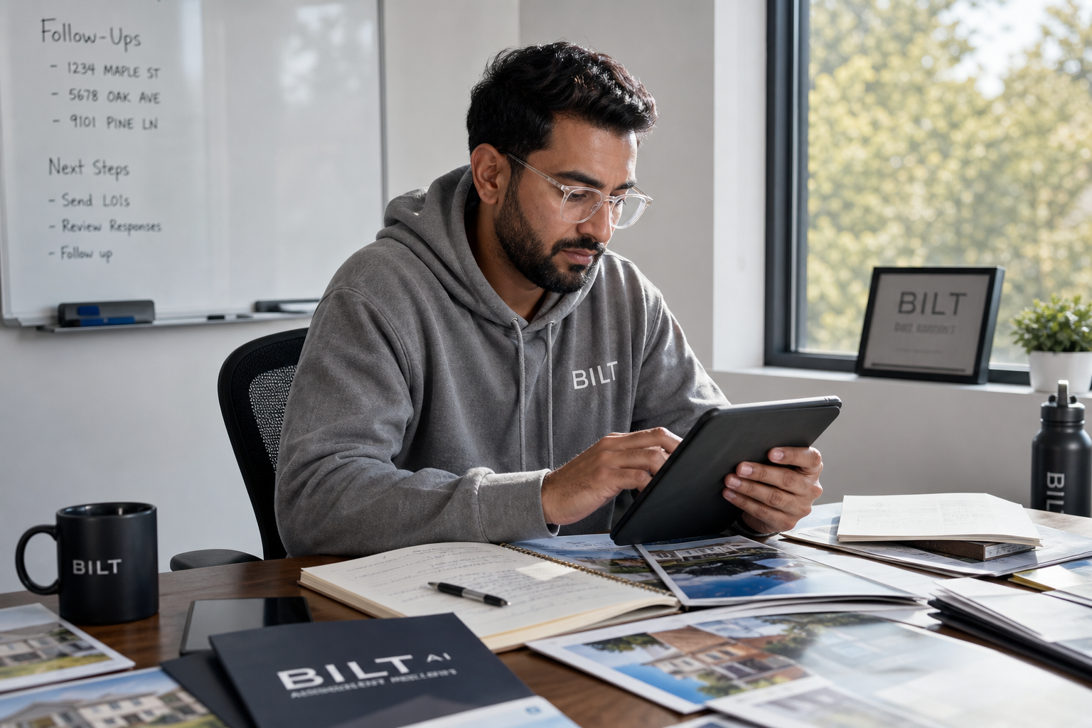photorealistic scene of a focused real estate operator reviewing follow-up notes on a tablet, multiple property files spread across a desk, neutral daylight, candid working moment