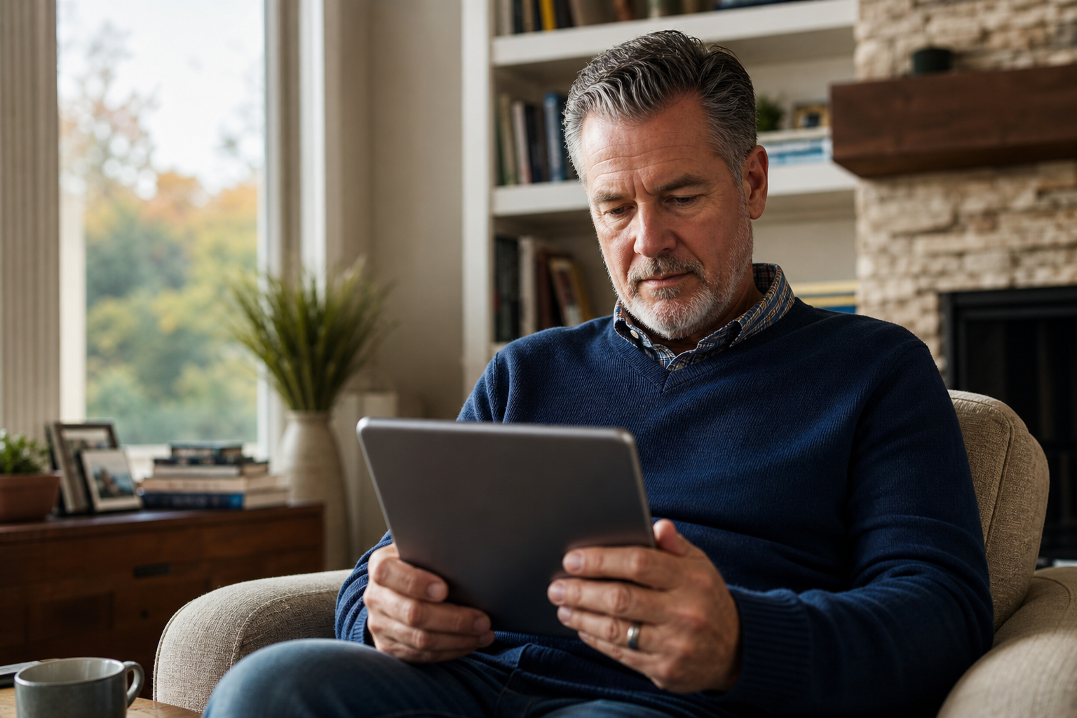 photorealistic image of an older real estate investor reading an email on a tablet in a quiet living room, natural light, relaxed posture, thoughtful expression