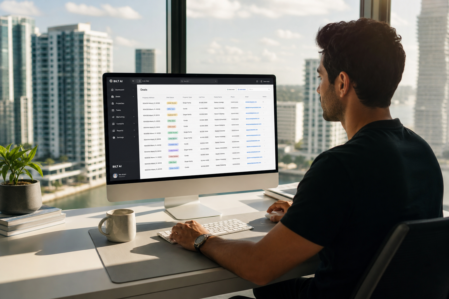 real estate agent working at a clean desk with CRM on screen, sunlight through window, Miami city vibe, photorealistic