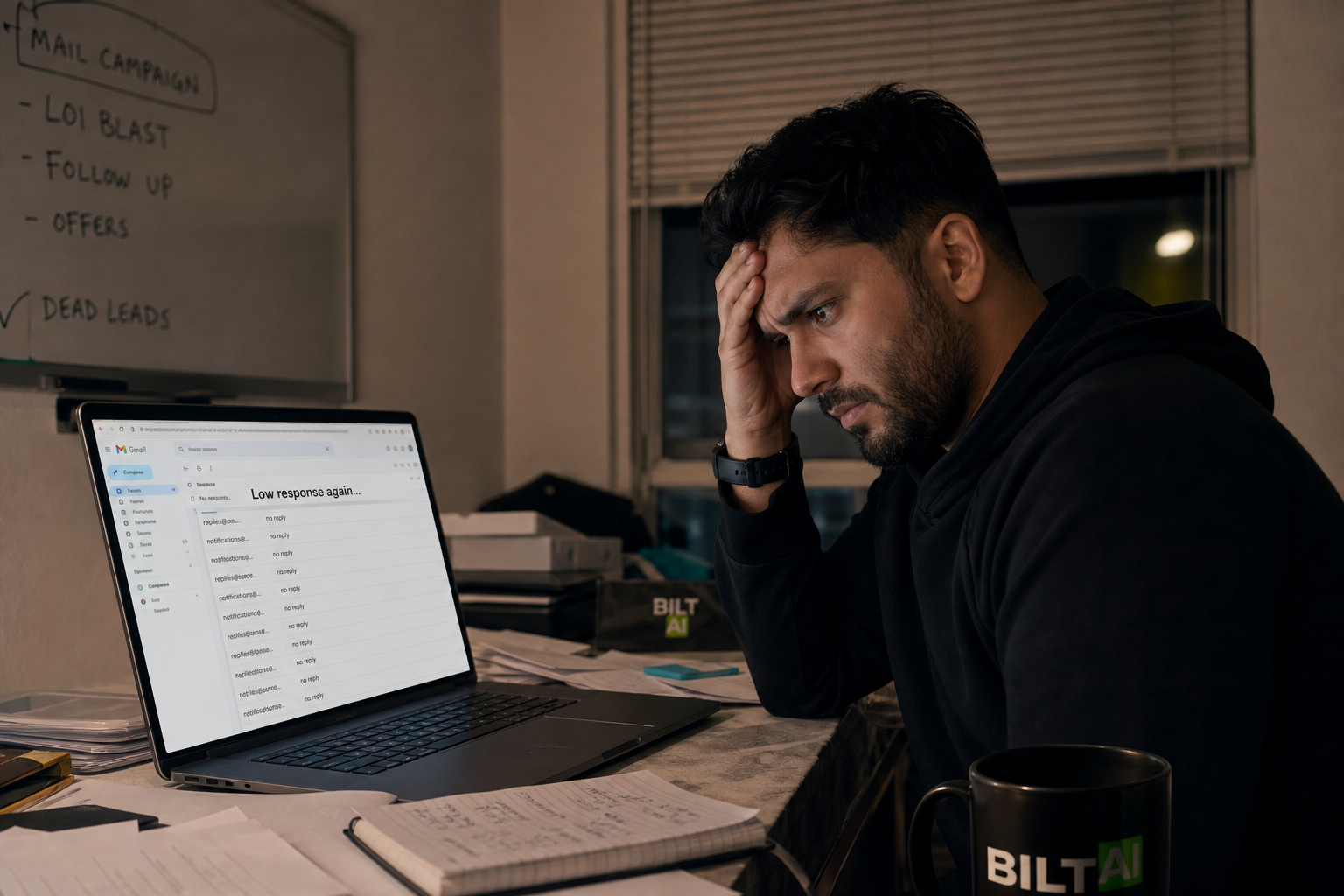 photorealistic scene of a real estate investor looking frustrated at a laptop inbox with low response emails, dim indoor lighting, paperwork scattered on desk, candid moment, shallow depth of field
