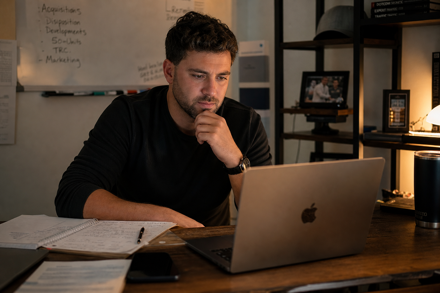 photorealistic scene of a real estate investor reading an email reply on a laptop with a thoughtful expression, desk setup with paperwork and phone, warm indoor lighting