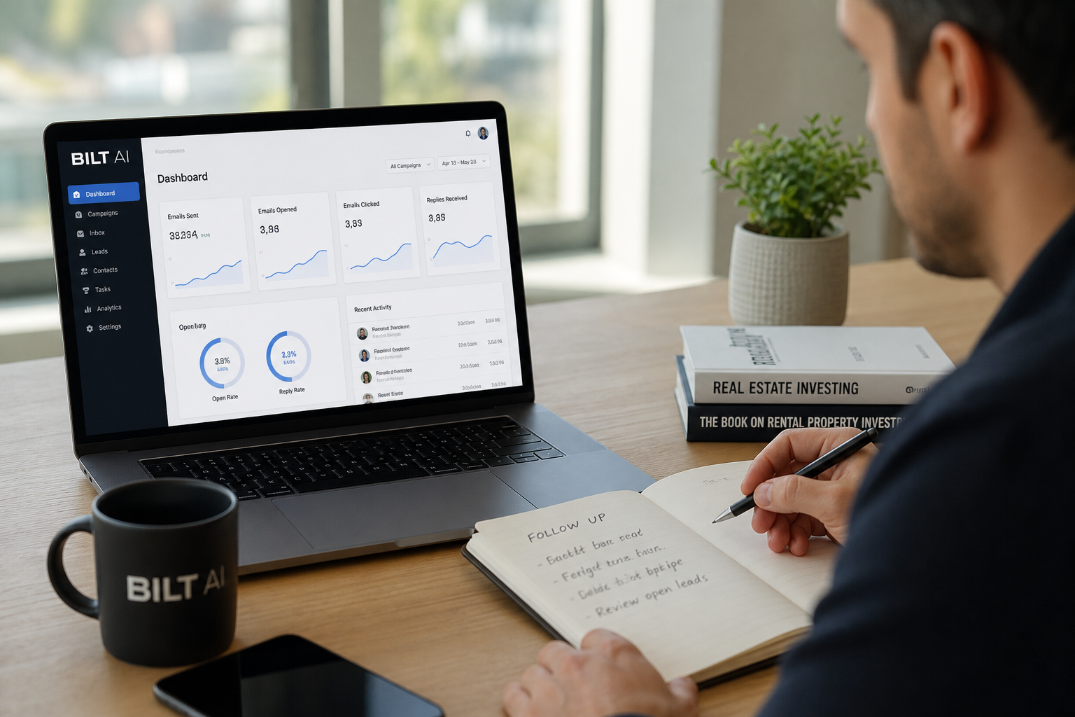 photorealistic scene of a real estate professional tracking email outreach metrics on a laptop dashboard, clean workspace, notebook with follow-up notes, natural window light, shallow depth of field