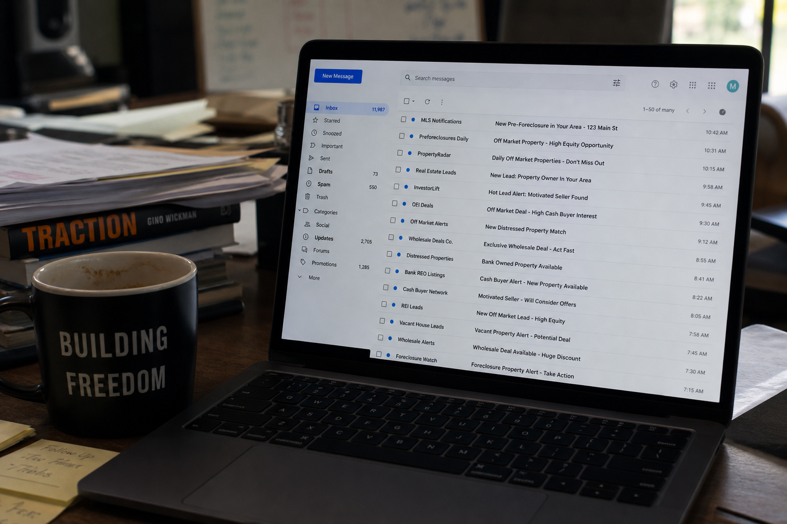 photorealistic close-up of a laptop inbox filled with unread emails, real estate subject lines visible, dim office lighting, coffee cup half full, slightly messy desk conveying overwhelm