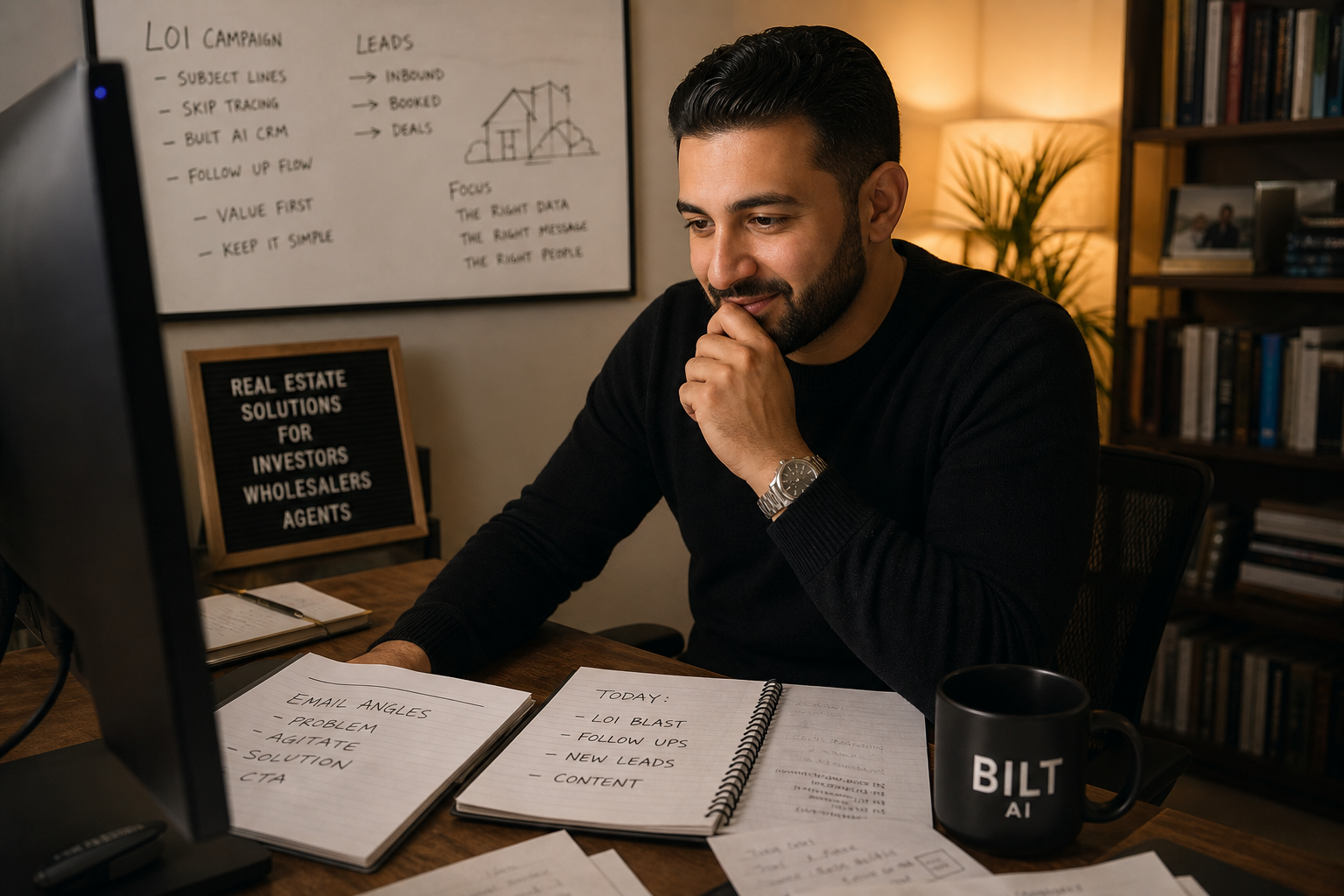 real estate investor reading emails thoughtfully, slight smile, warm desk lighting, handwritten notes visible, calm focused environment