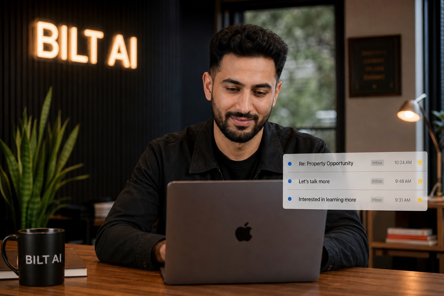 photorealistic scene of a real estate investor reviewing positive email replies on a laptop, subtle smile, clean modern office, warm lighting, shallow depth of field