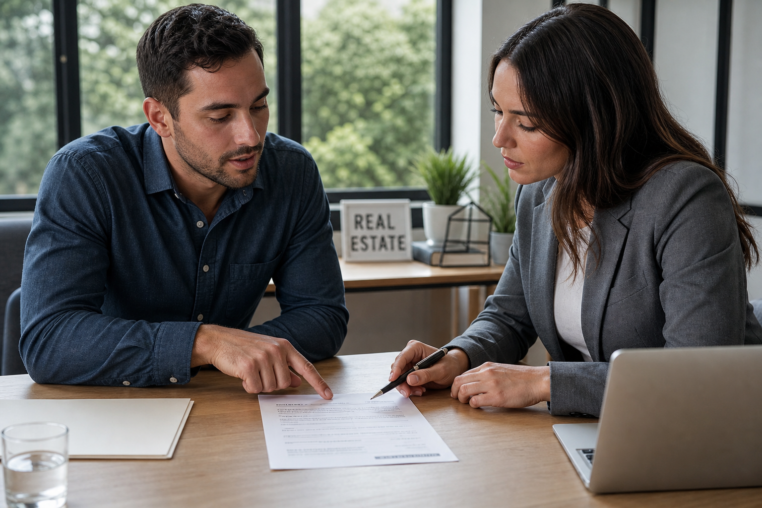 photorealistic scene of two people reviewing a real estate contract across a table, pointing at specific clauses, natural light, modern office setting