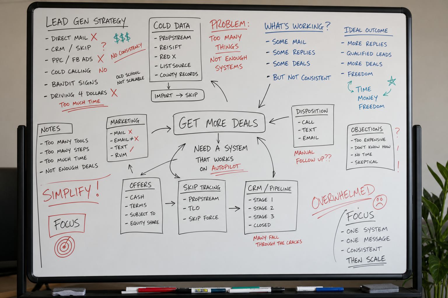 photorealistic image of a real estate investor whiteboard with messy notes, crossed out plans, multiple strategies written, showing confusion and overcomplication