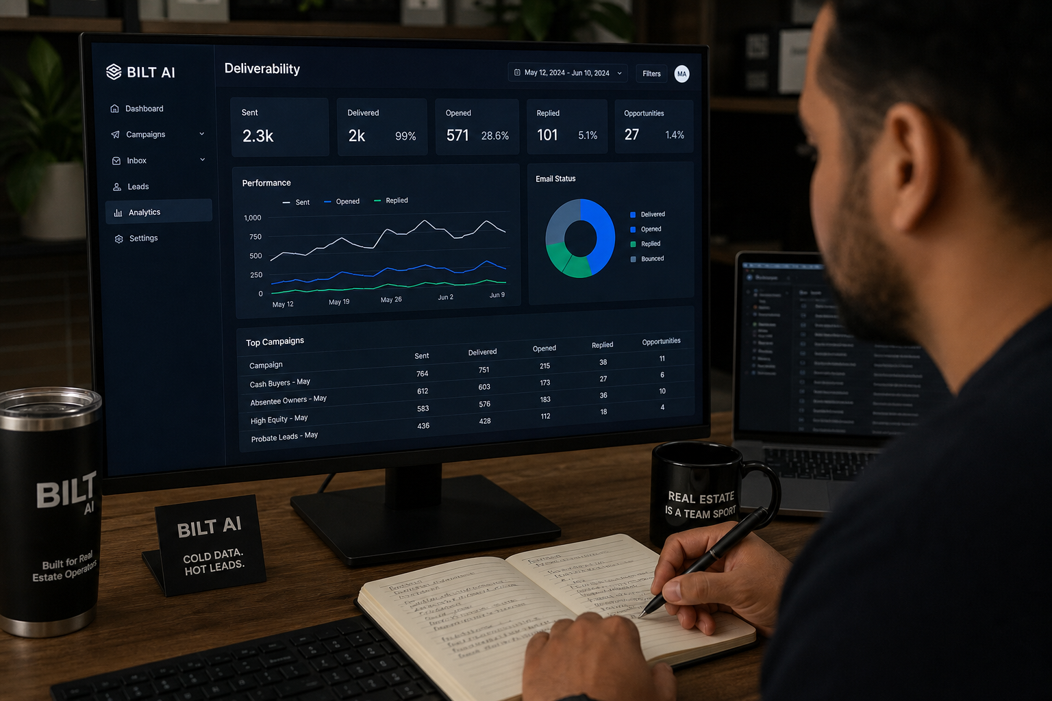 screen showing email deliverability metrics and charts, person analyzing data with pen and notebook, realistic workstation setup