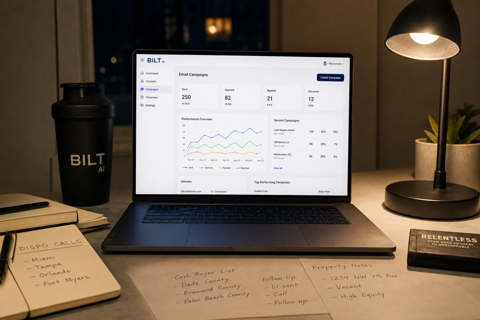 photorealistic scene of a laptop displaying an email campaign dashboard with analytics, real estate notes scattered around, evening desk lighting