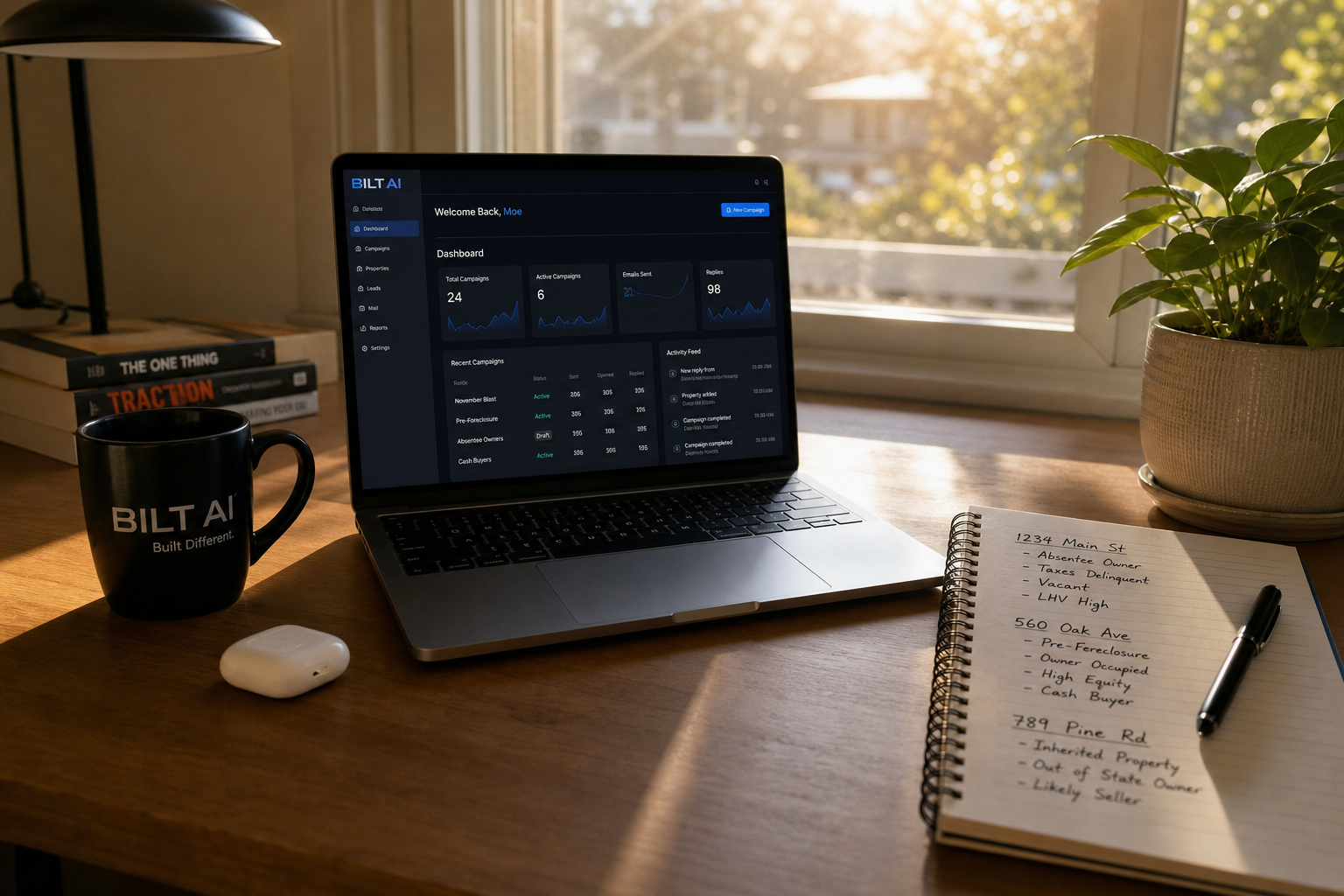 photorealistic early morning desk scene, laptop open with CRM dashboard, sunlight coming through window, notebook with handwritten property notes, calm and focused atmosphere