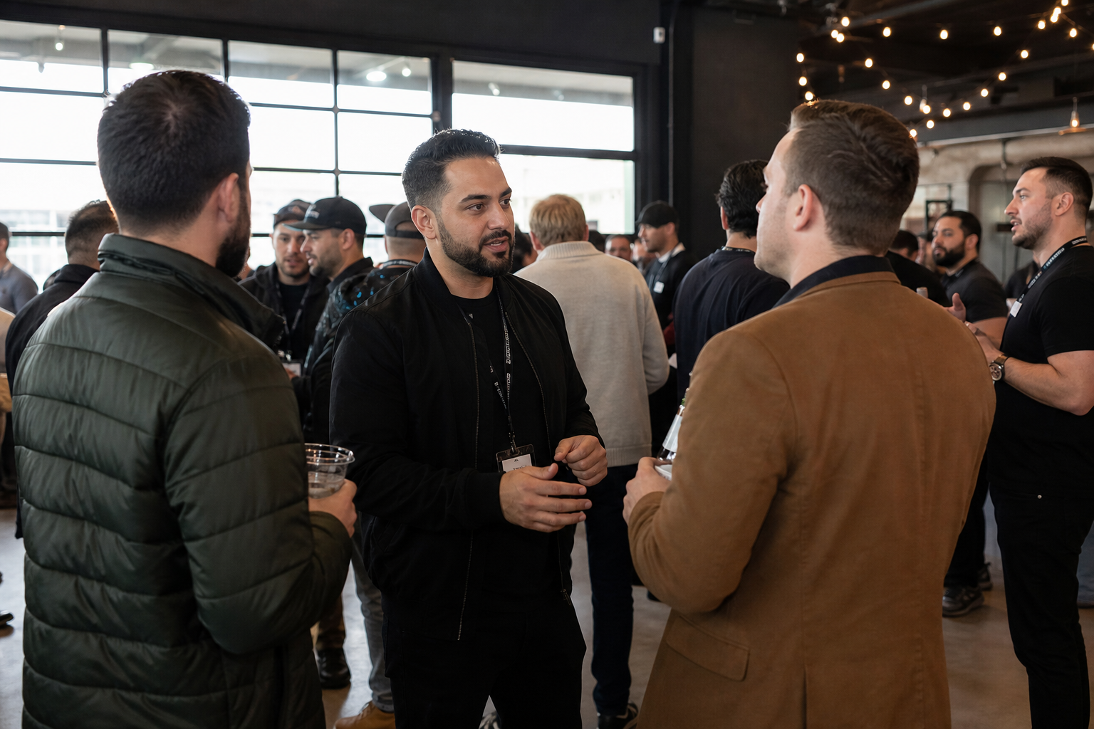 photorealistic networking event with real estate investors talking in small groups, modern venue, casual professional attire, natural lighting, candid interactions