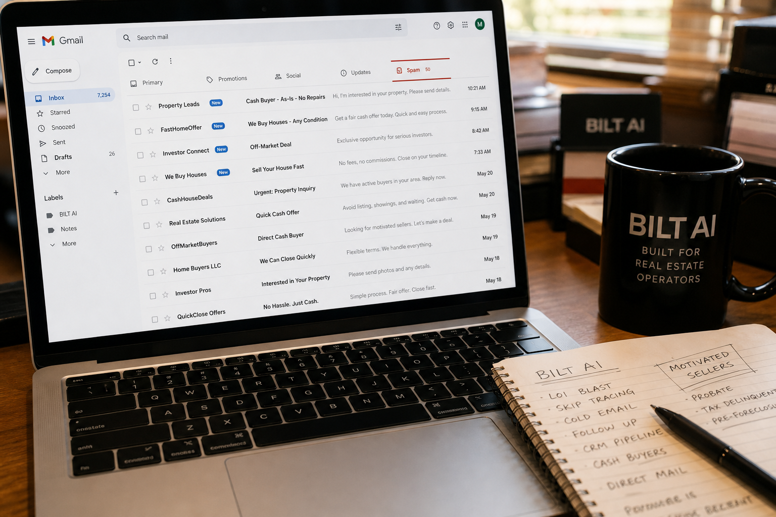 close-up of an email inbox on a laptop showing spam and inbox tabs, real estate notes and a pen on desk, warm natural lighting, photorealistic