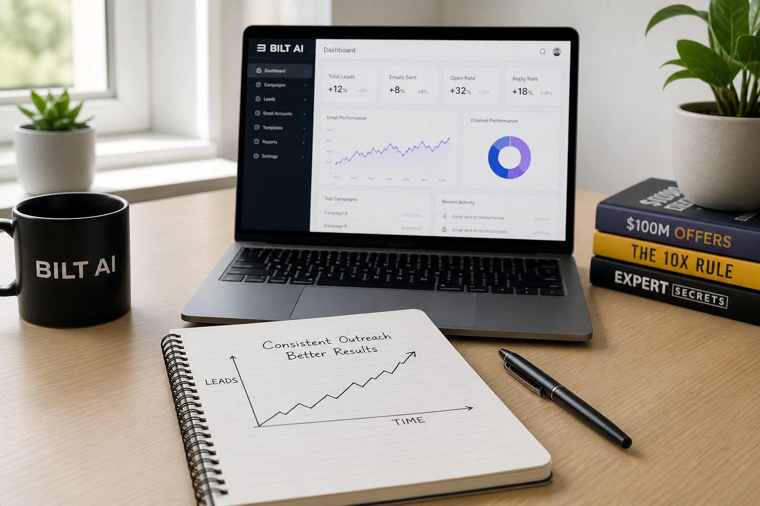 minimalist desk with a notebook showing a gradual upward graph, laptop displaying email analytics dashboard, calm workspace, natural light, photorealistic