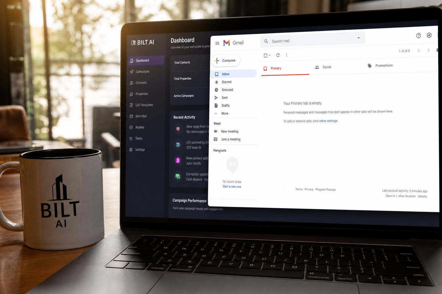 photorealistic scene of a laptop screen showing an empty email inbox with a real estate CRM dashboard in background, coffee cup beside keyboard, early morning light