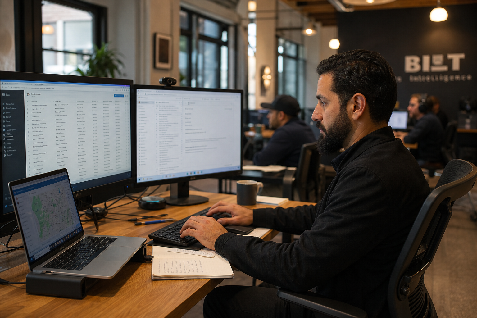 photorealistic scene of a real estate professional typing emails confidently in a busy coworking space, multiple monitors with property data, natural daylight