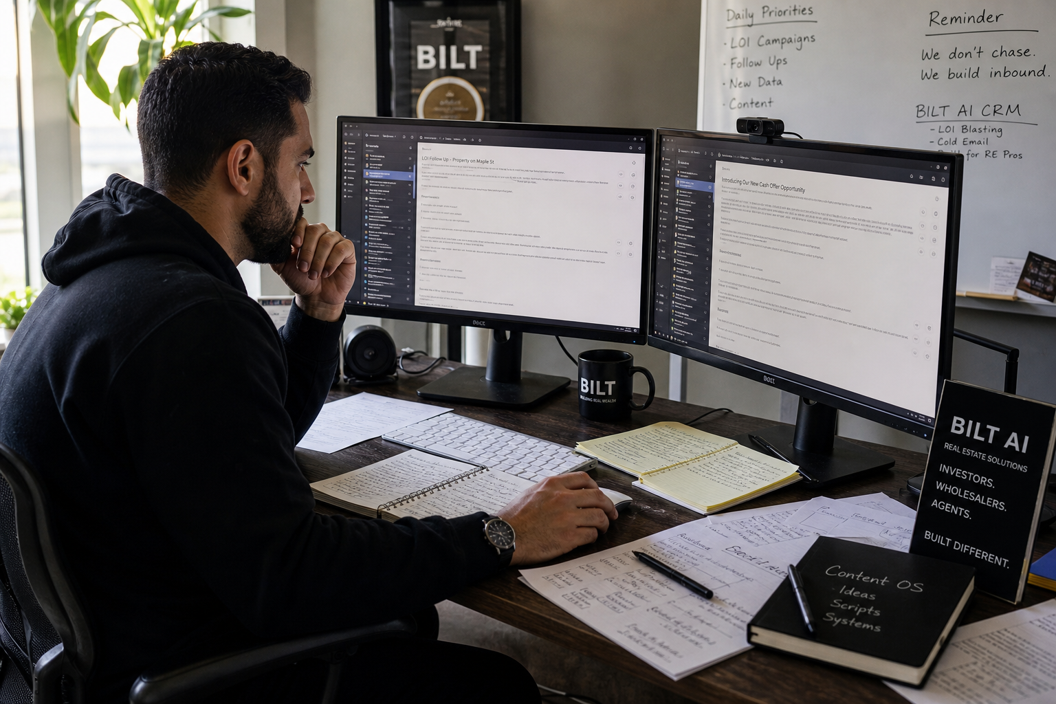 real estate investor reviewing multiple email drafts on dual monitors, notes scattered on desk, focused work environment, natural indoor lighting