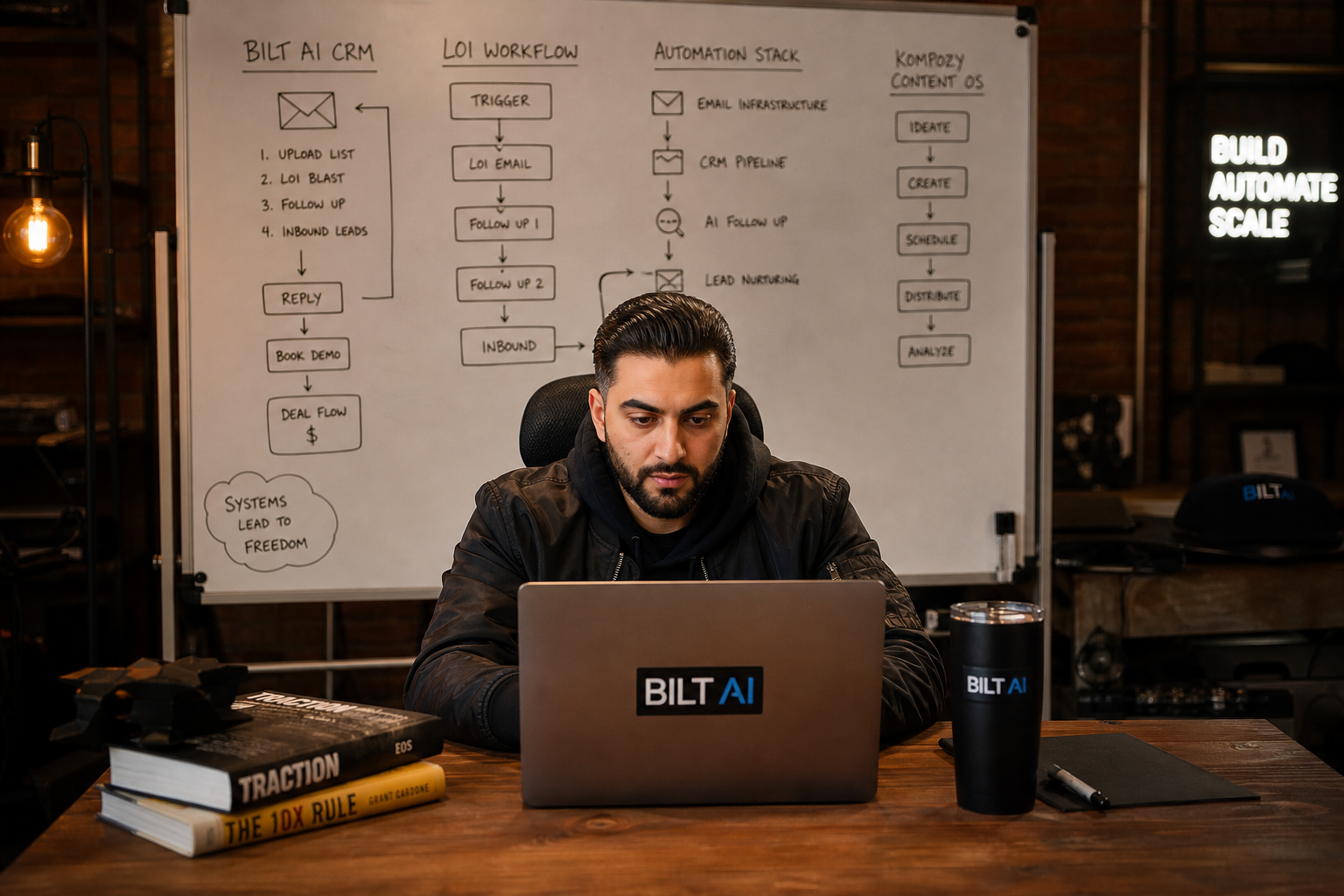 industrial style workspace with a whiteboard showing workflow diagrams, laptop open with automation tools, warm lighting