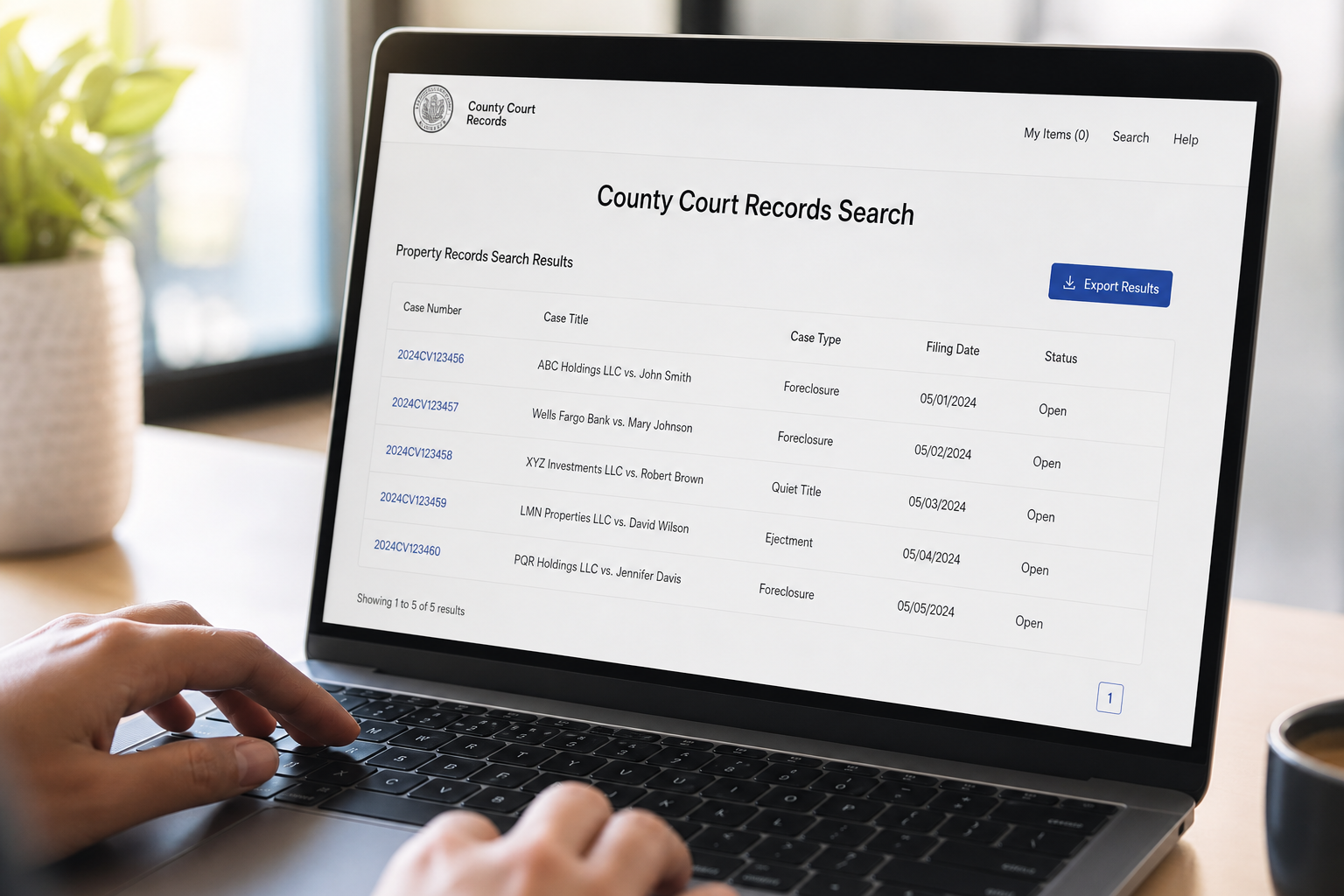 close-up of a laptop screen showing a county court records search page with property filings, hands typing, soft natural light, photorealistic