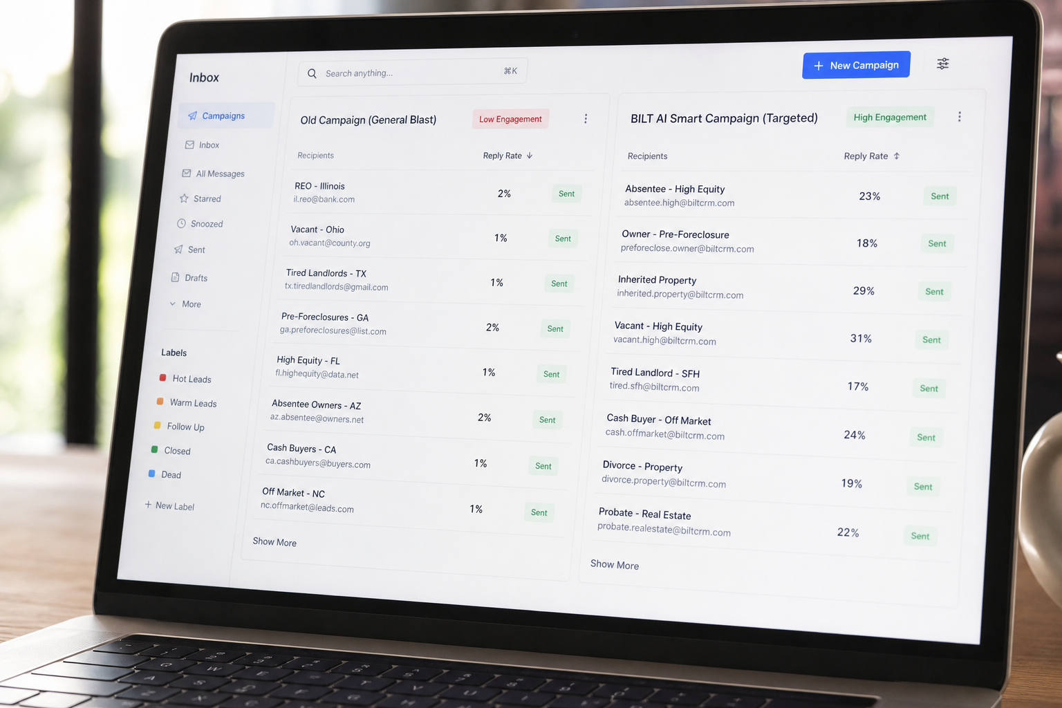 close-up of a laptop inbox with two columns of campaign stats, one with many low engagement entries and another with fewer high engagement entries, soft daylight, realistic screen glow