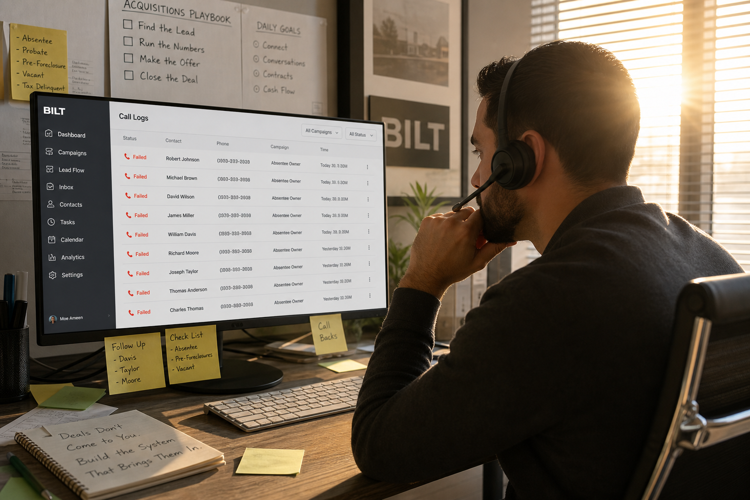 real estate acquisitions manager at a desk with a headset, looking at a CRM with many failed call indicators, sticky notes, afternoon light through blinds