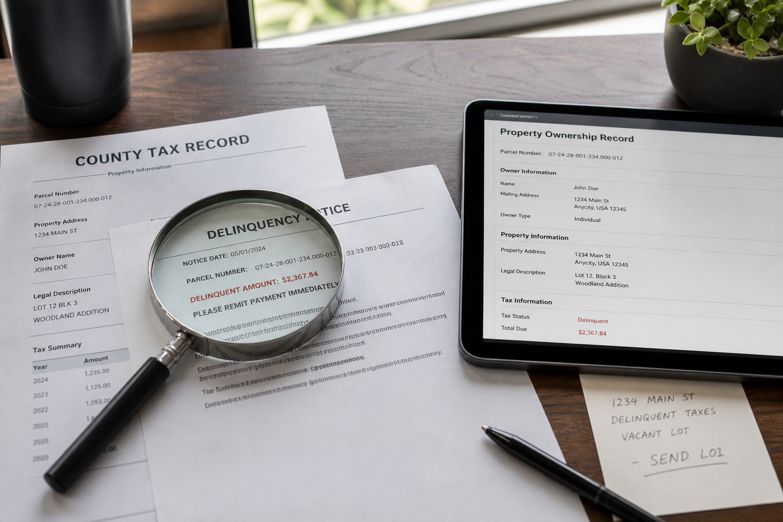 desktop scene with printed county tax records, a magnifying glass over a delinquency notice, and a tablet showing a property ownership record, natural light, photorealistic