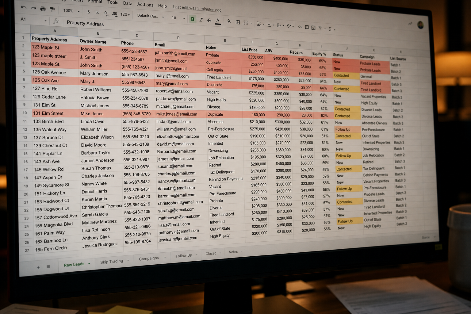 messy computer screen showing a disorganized spreadsheet with mismatched columns, duplicate rows highlighted, dim office lighting, photorealistic