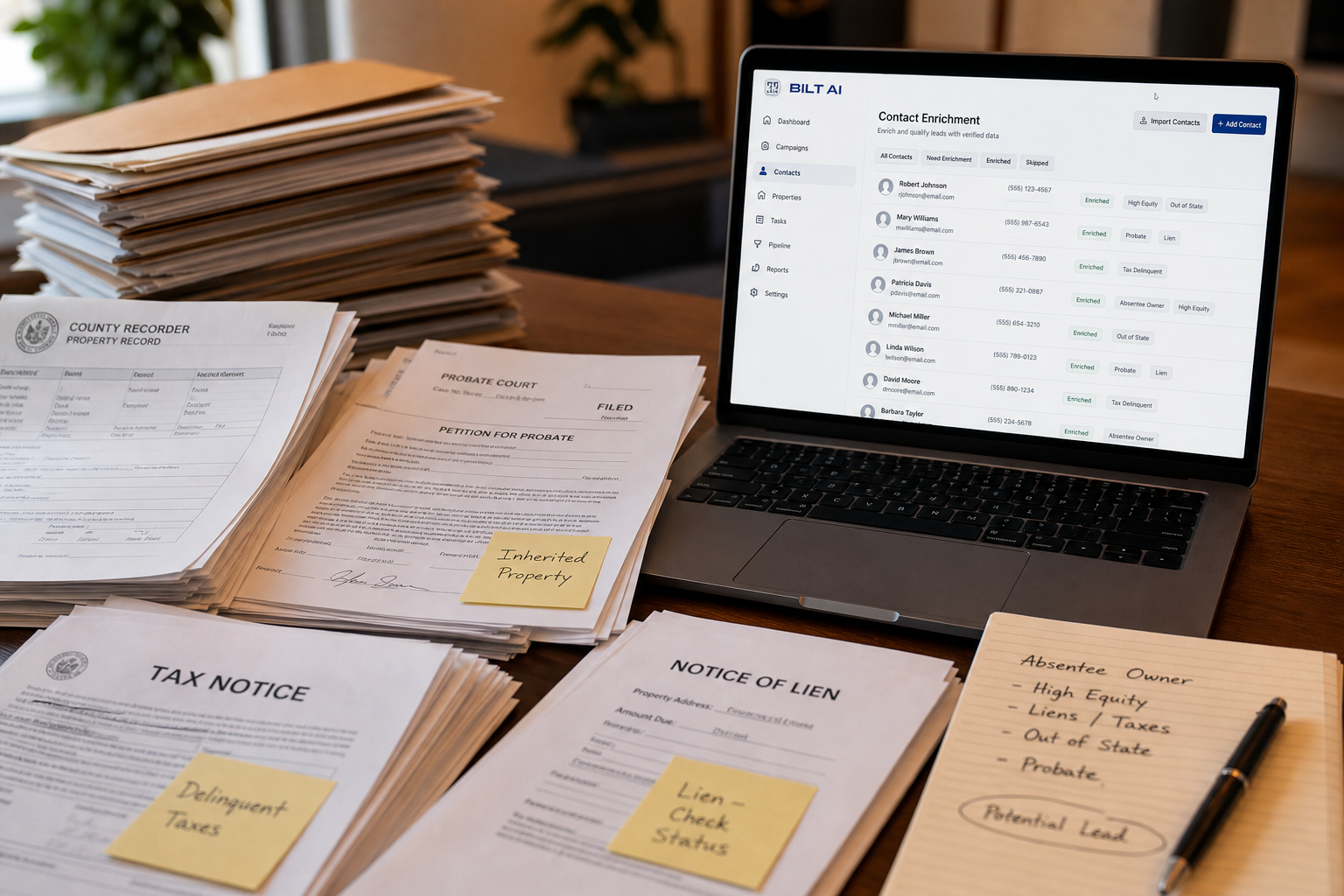 layered paperwork of county records, probate filings, and tax notices arranged in stacks on a table, laptop beside them showing a contact enrichment dashboard, soft indoor lighting