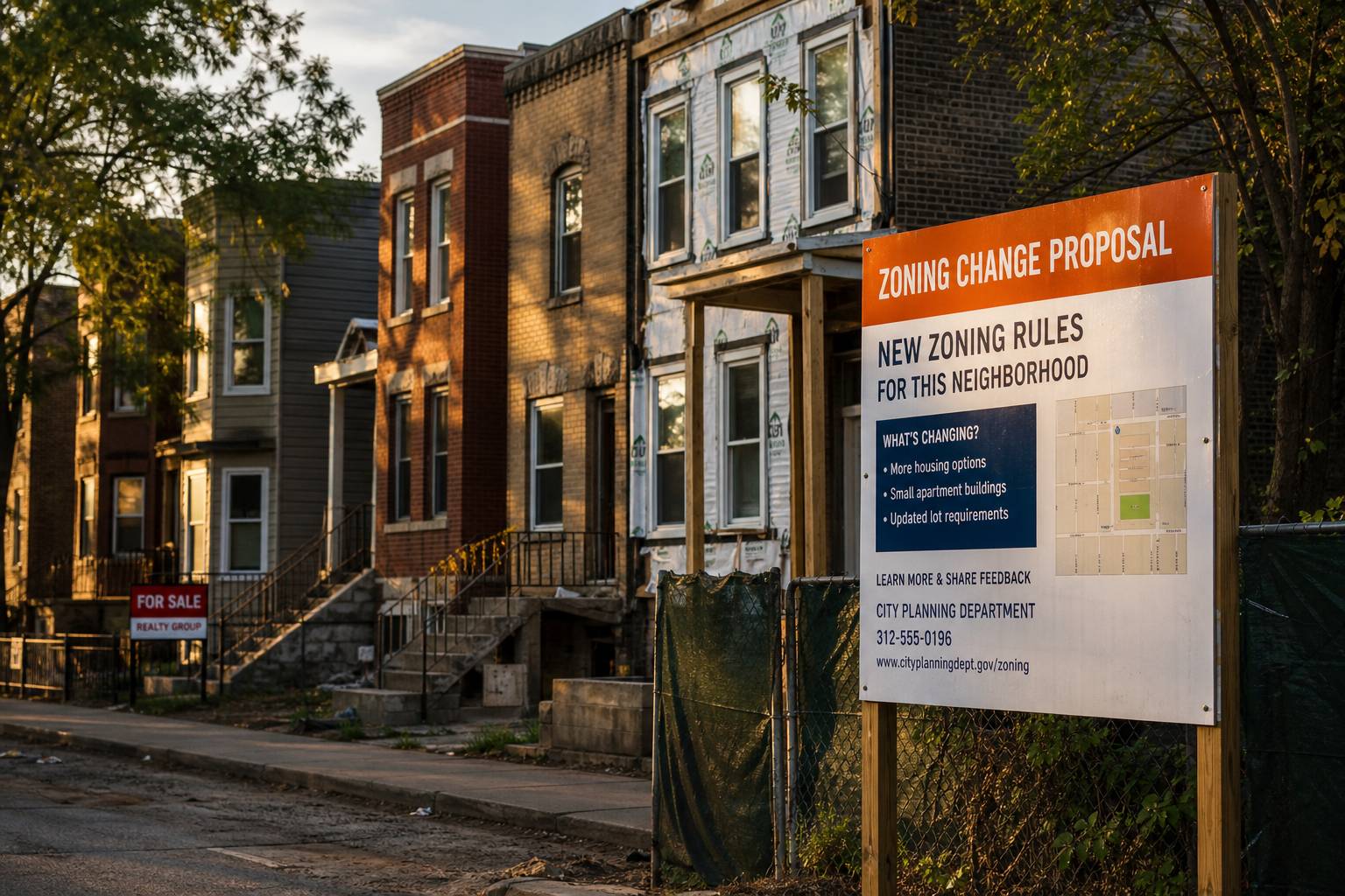 street-level view of a residential block with mixed property conditions, a construction sign about zoning changes, and a subtle for-sale sign in the background, golden hour lighting, photorealistic