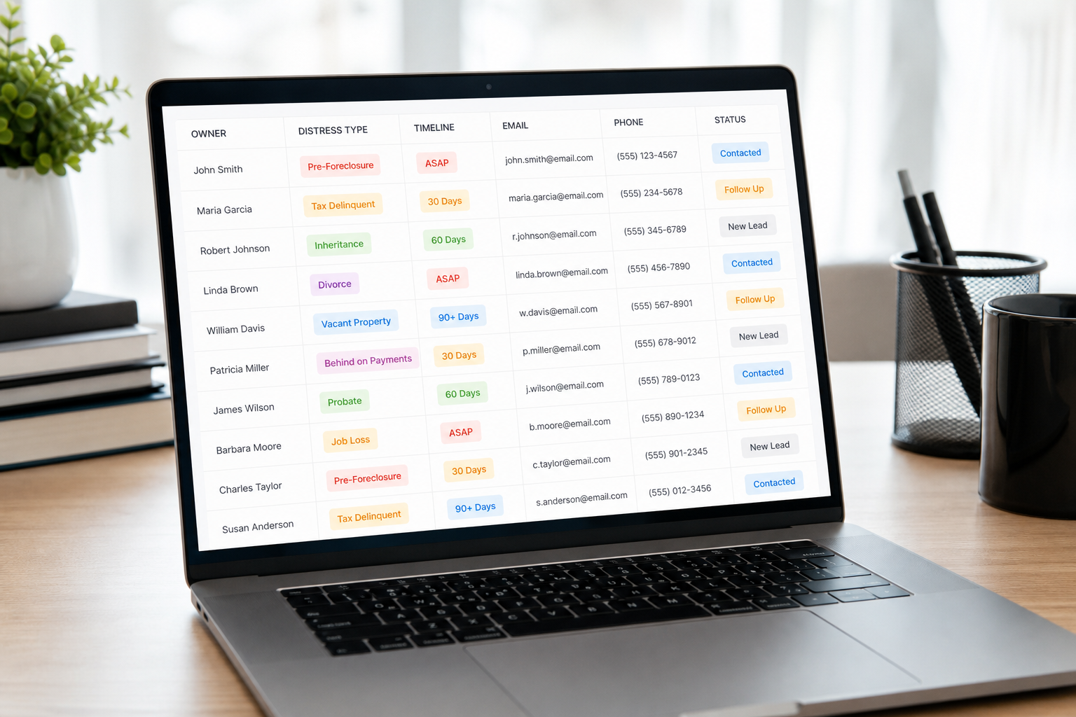 clean organized spreadsheet with clearly labeled columns for owner, distress type, and timeline, bright workspace, minimal desk setup, photorealistic