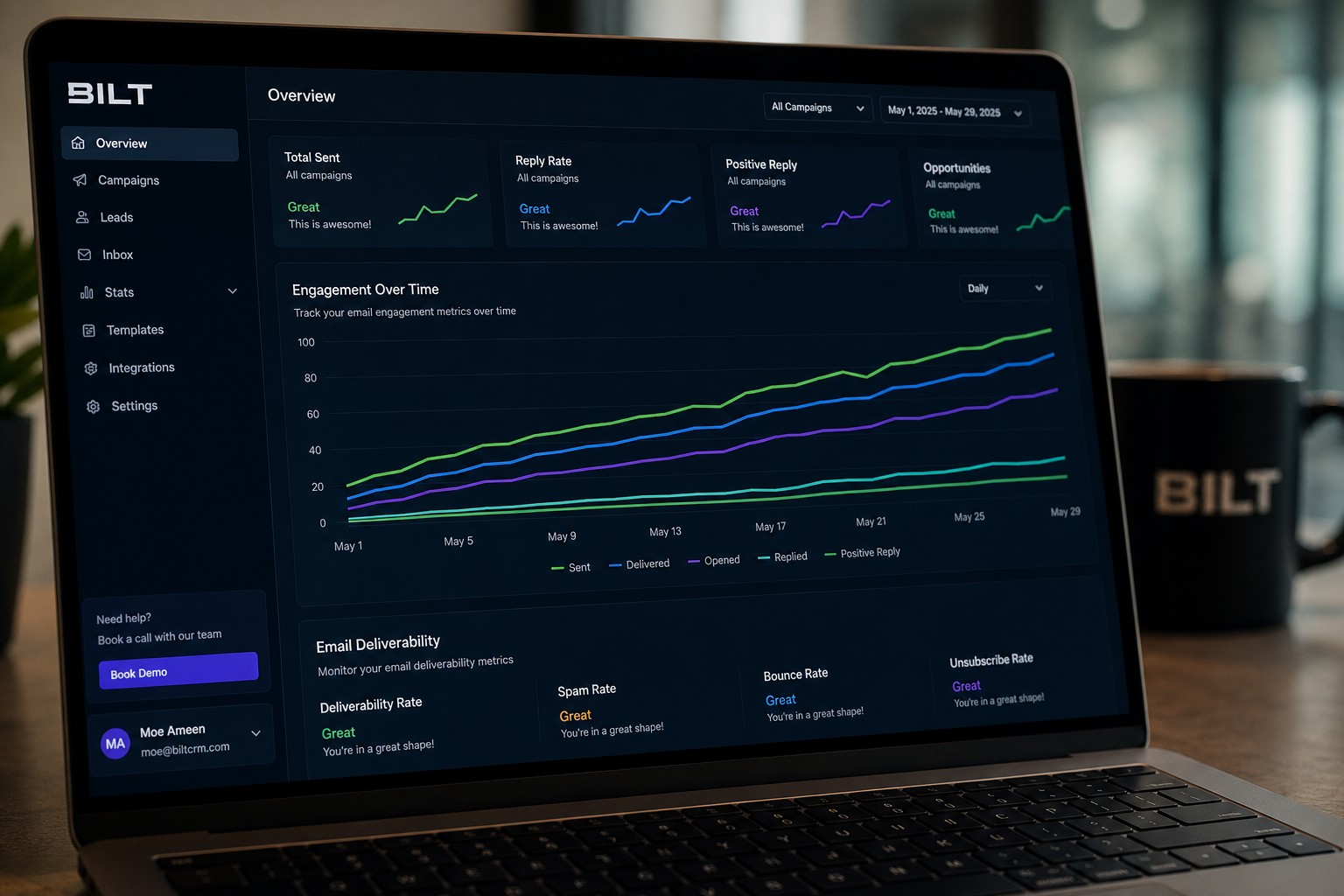 analytics dashboard showing email engagement trends improving over time, with a clean upward curve and reduced spam indicators, realistic UI, soft office lighting
